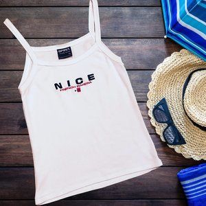 SPIRIT, 100% cotton white tank top with embroidered lettering in Navy & Red